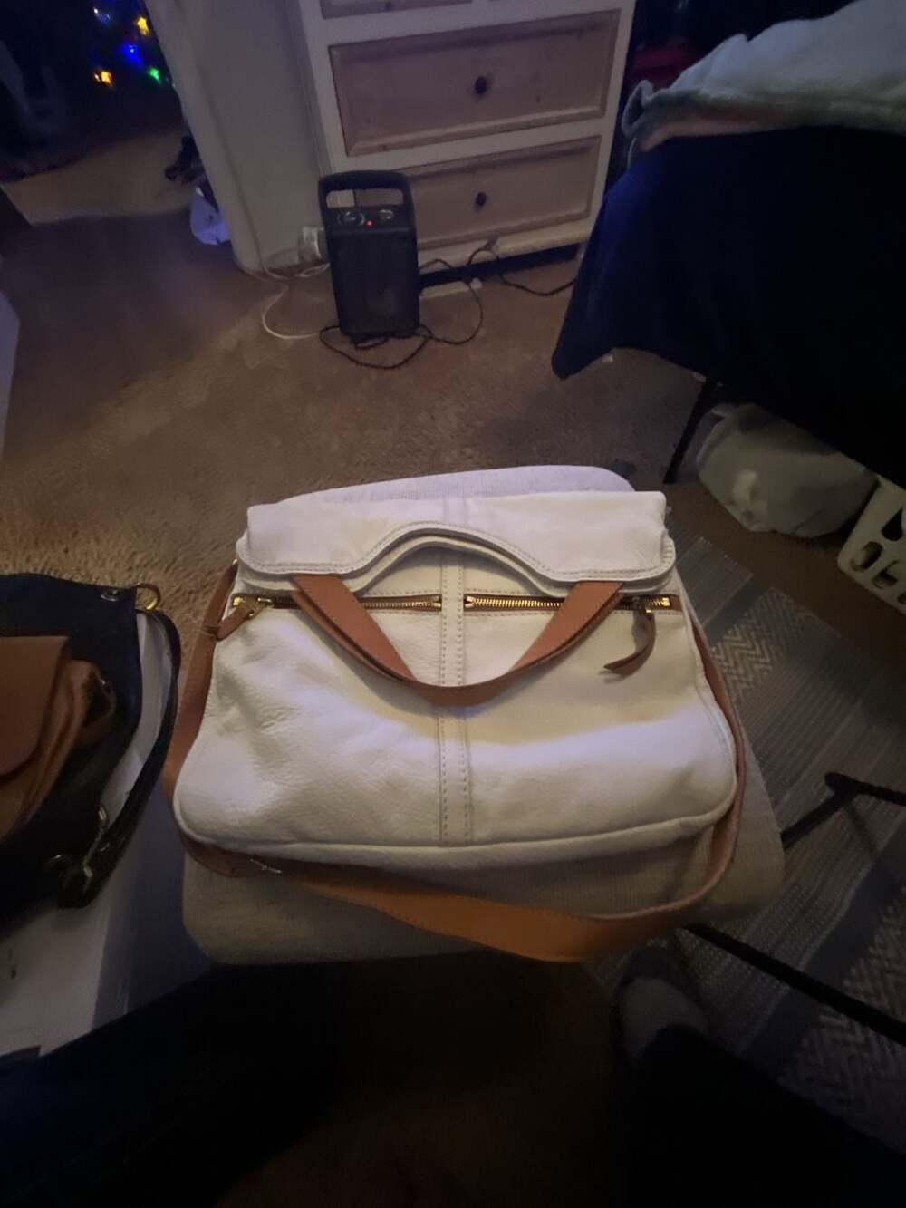 Fossil White Leather Crossbody Bag with Brown Trim